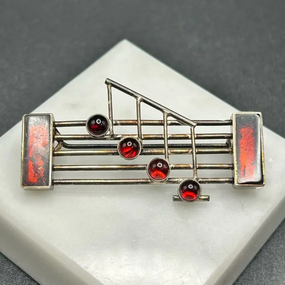925 Sterling Silver Red Stone Musical Staff brooch Pin #G014